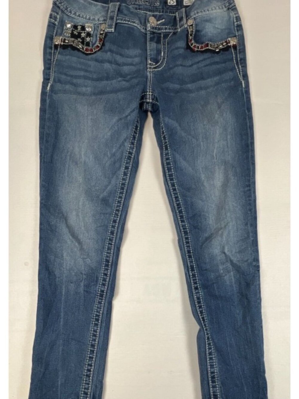 Miss Me Women 25 Mid Rise Easy Crop Jeans Blue Embroidered American Flag Flap